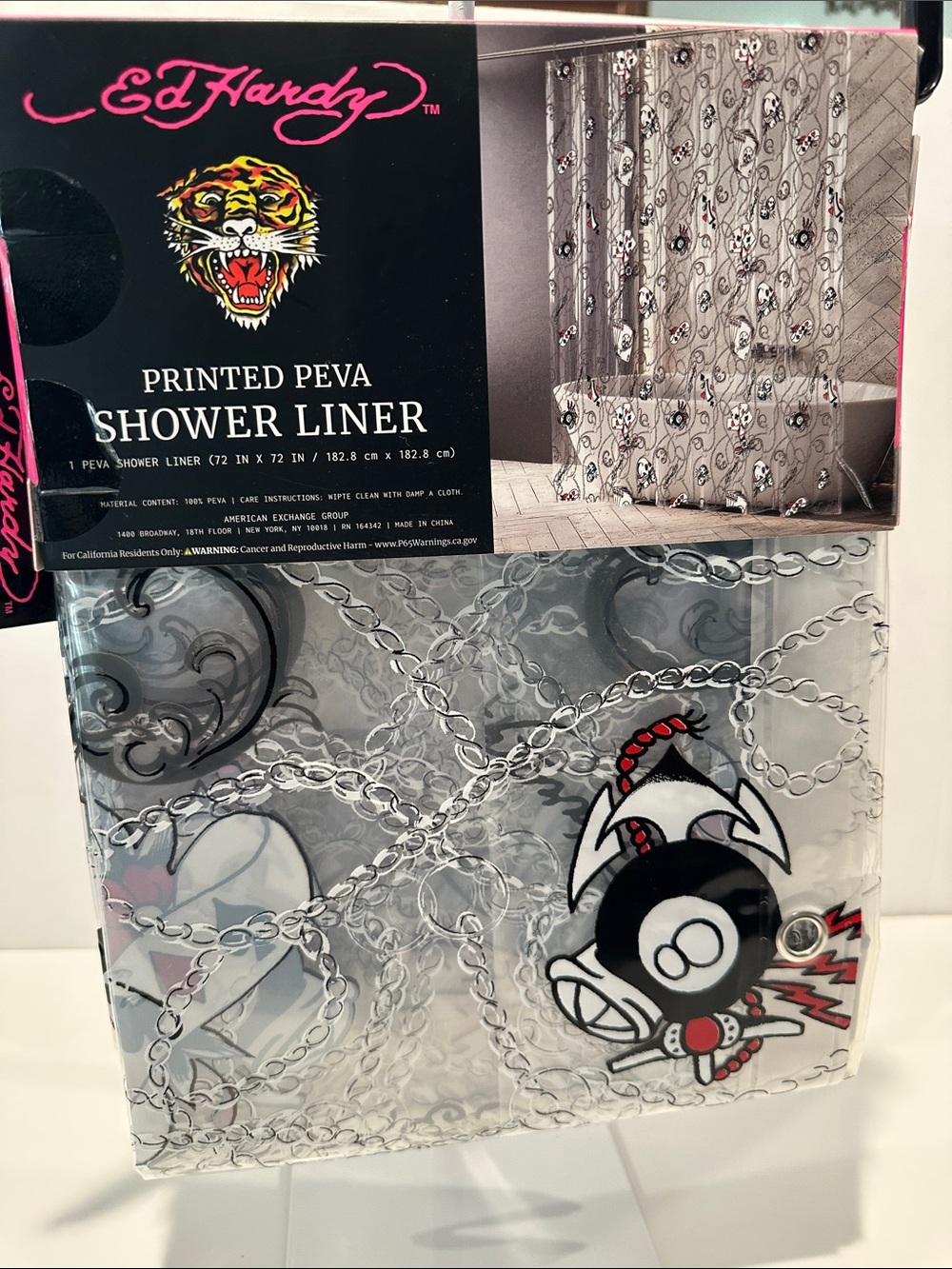 NWT Ed Hardy Printed Peva Black & White Shower Liner.